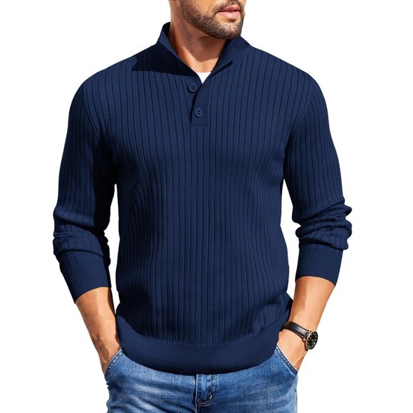 Men's Quarter Button Sweater Long Sleeve Stand Collar Sweater Knitted Navy Blue - Picture 1 of 5
